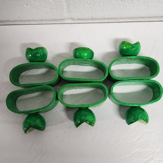 Paper Vintage Lacquered Hand-Painted Papier Mâche Lime Napkin Rings, Set of 6 For Sale - Image 7 of 14