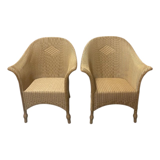 Pair of Sculptural Art Deco Style Blonde Wicker Club Chairs With Diamond Lattice Detail For Sale