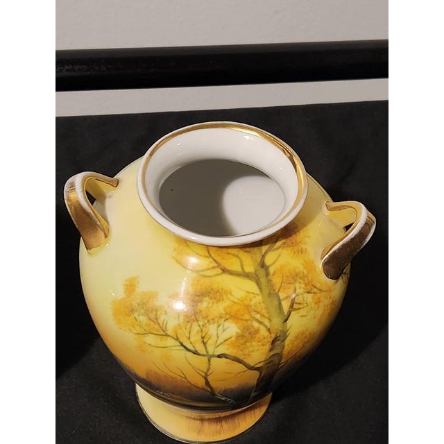Antique Noritake Hand-Painted 6.5" Mantel Vases - Pair | "Tree in the Meadow" With Gilded C-Scroll Handles, C. 1920s For Sale - Image 6 of 8
