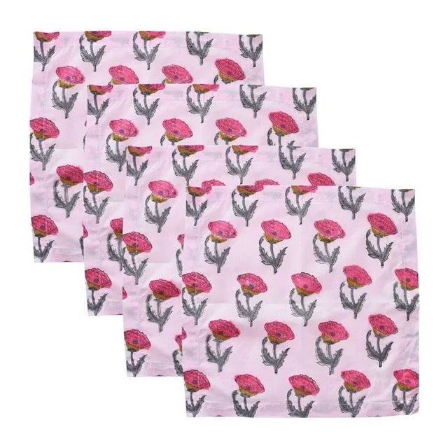 Textile 4 Pink and Green Floral Block Print Table Napkins - India Set of Four For Sale - Image 7 of 7