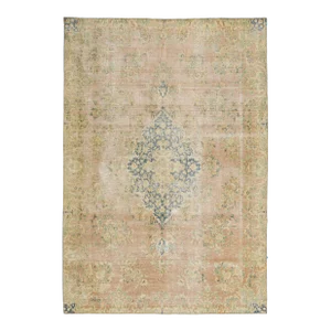 7 X 10 Handmade Antique Kerman Persian Wool Rug in Peach
