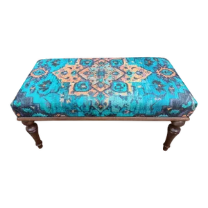 Handmade Blue Printed Rug Fabric Upholstered Bench