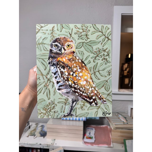 Burrowing owl on leafy pattern Collage and acrylic on wood panel Sides painted gray 8 x 10 x 0.75”