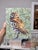 Burrowing owl on leafy pattern Collage and acrylic on wood panel Sides painted gray 8 x 10 x 0.75”