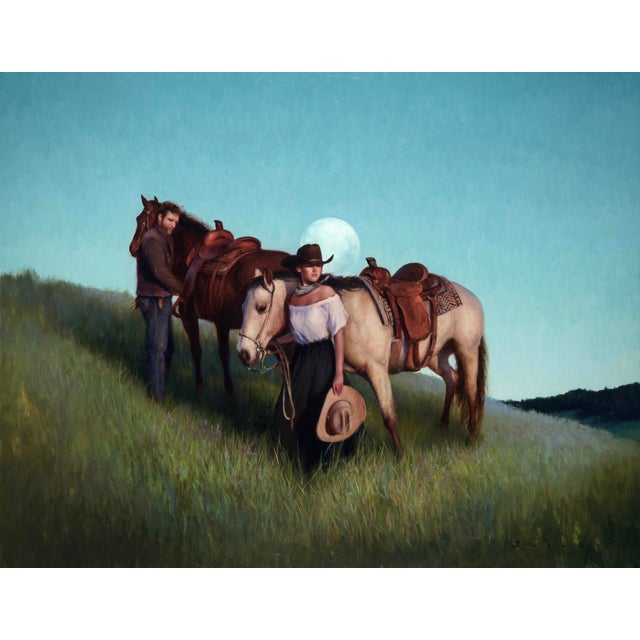 Rising by Derek Harrison | Oil on Linen of two figures with horses at dusk For Sale