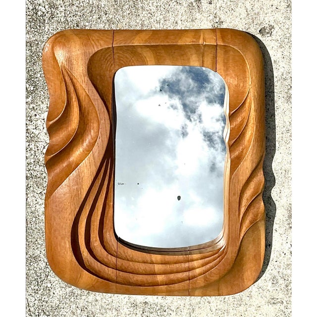 Tan Vintage Hand Carved Wave Mirror For Sale - Image 8 of 12