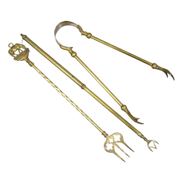 Antique English Sheraton Federal Figural Brass Fireplace Tool Set - 3 Piece Set For Sale
