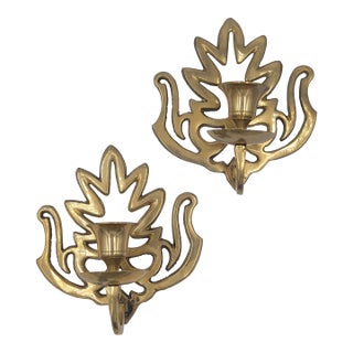 Mid 20th Century Hollywood Regency Solid Brass Leaf Sconces-a Pair For Sale