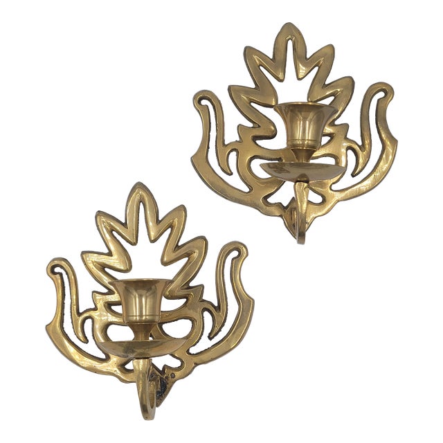 Mid 20th Century Hollywood Regency Solid Brass Leaf Sconces-a Pair For Sale