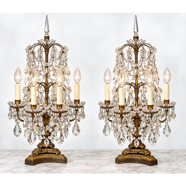 Metal X-Large Pair of Antique French Louis XVI Style Crystal Cut & Gilt Metal Girandoles/Candelabras, Baccarat Style, Table Lamps For Sale - Image 7 of 11