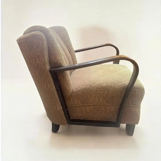 Art Deco German Armchair with Bentwood Armrests and Green Brocade Upholstery, 1940s For Sale - Image 3 of 12