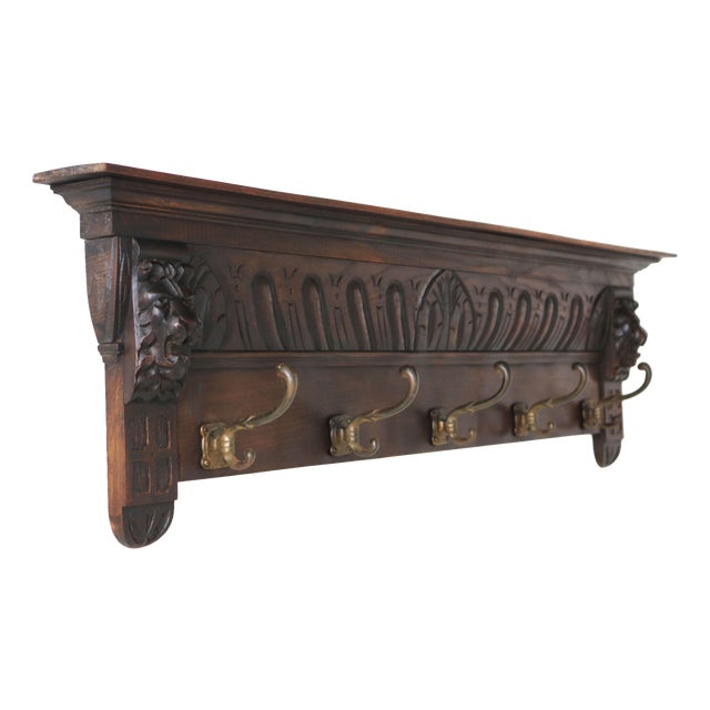 Antique Renaissance Revival Coat Rack with Lion Masks in Carved Oak, 1880 For Sale