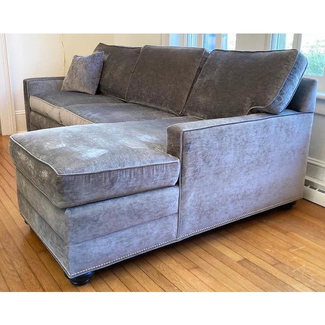 Wood Ethan Allen Bennett Sectional Right Chaise with Spring Down Cushions & Silver Nailheads For Sale - Image 7 of 8