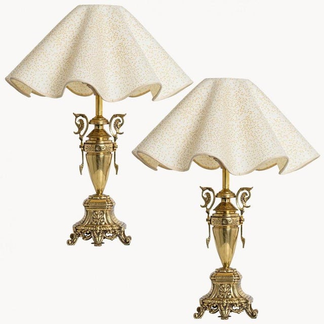 Brass Table Lamps with Wavy Ecru Lampshades, 1950, Set of 2 For Sale - Image 13 of 13