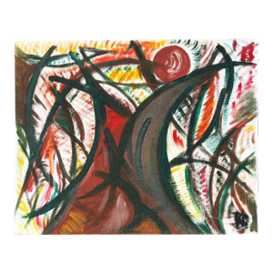 1970s Native American Abstract Landscape TeePee Painting on Canvas, Oklahoma
