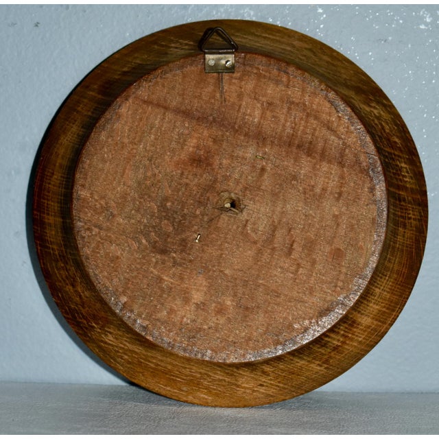 Vintage (1970's) Small Round Hanging Plaque has a Grecian Style. Made of Wood, Shell, and Brass. The Measurements: 5.5"...