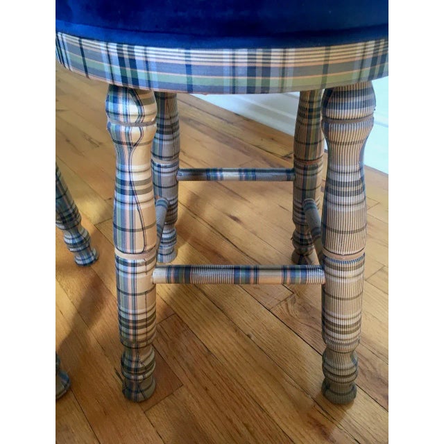 Plaid Custom Upholstered Low Wooden Stools- a Pair For Sale - Image 11 of 13