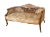 Antique, Victorian low back settee. Carved wooden frame with floral upholstery and brass casters.