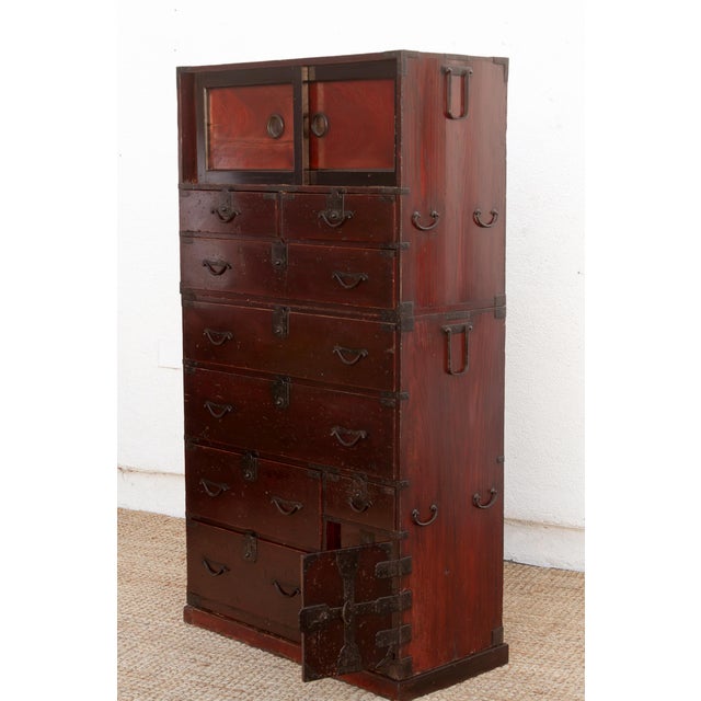 Metal Antique Painted Japanese Chest on Chest Tansu For Sale - Image 7 of 13
