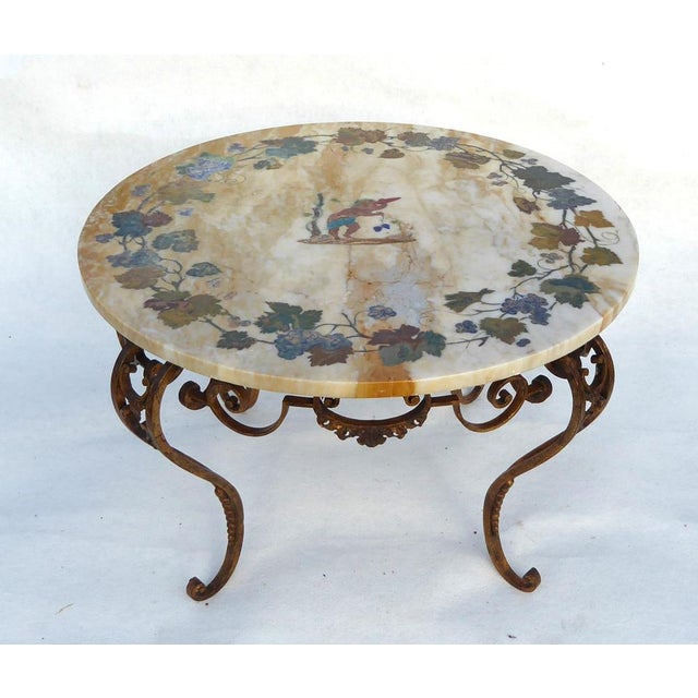 Antique French-Italian Wrought Iron Coffee Tablr witn Pietra Dura Marble Top and Pattern of Vignes and Cherub, 1890s For Sale - Image 9 of 18