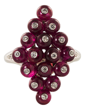 Kite Shape Ruby Beads Diamond Ring, Size 7