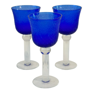 "It's a Blast" Arizona Cobalt Blue/Clear Stem Art Glass Water Wine Goblets- Set of 3