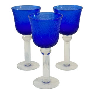 It's a Blast" Cobalt Blue/Clear Art Glass Wine Goblets - Set of 3 For Sale