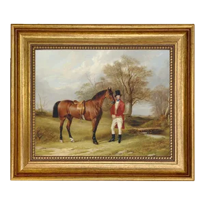 Gentleman Standing Beside Saddled Hunter Framed Print on Canvas in Antiqued Gold Frame