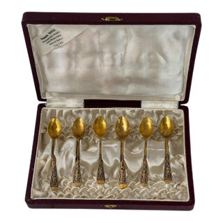 Set of 6 Mid 20th Century Vermeil Spanish Alpaca Silver Demitasse Spoons From Toledo - In Original Box For Sale