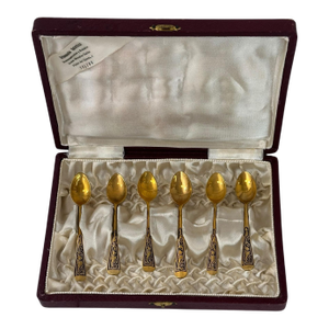 Set of 6 Mid 20th Century Vermeil Spanish Alpaca Silver Demitasse Spoons From Toledo - In Original Box