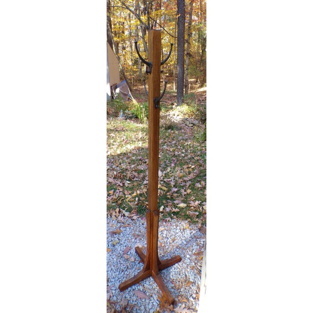 Mission / Arts & Crafts American Made Solid Oak Hat Coat Rack with Metal Hooks on Each Side. Nice sculptural form, with...