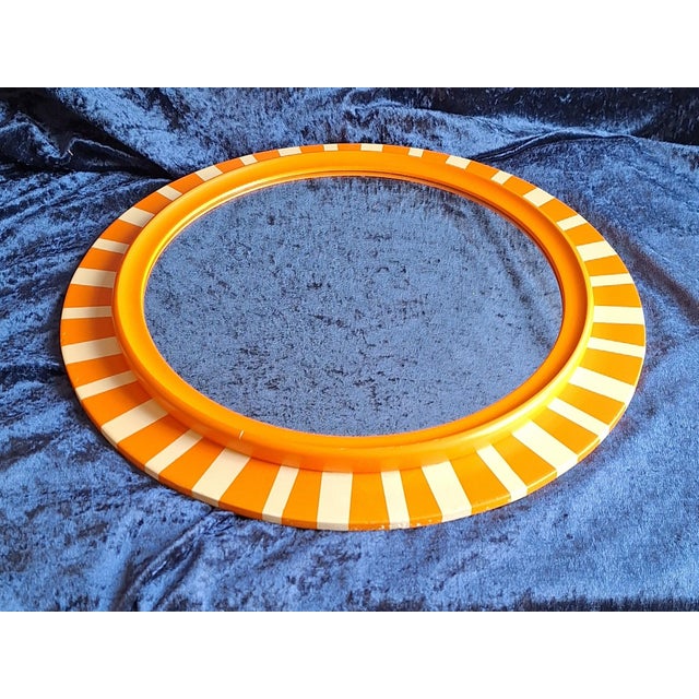 Vintage Round Wall Mirror with Orange-White Painted Frame, 1970s, in Good conditions. Designed 1970 to 1979