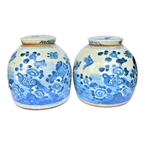 Blue and White Aviary Chinoiserie Ginger Jars - a Pair