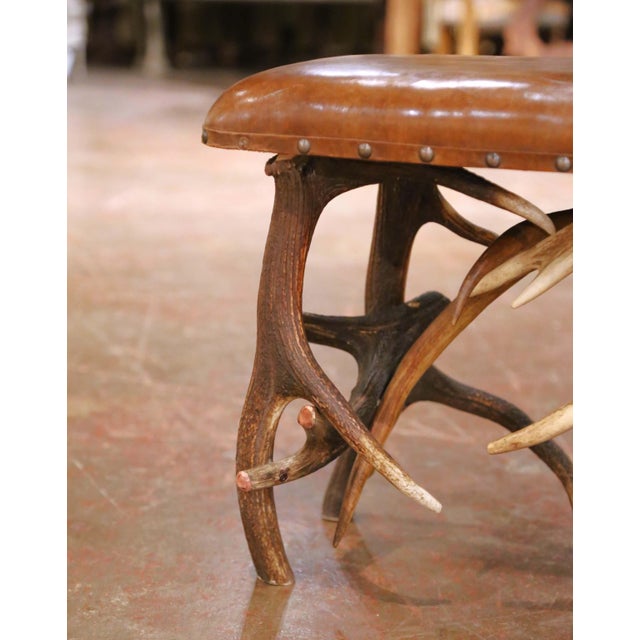 Early 20th Century Austrian Black Forest Antler Lodge Bench With Leather Seat For Sale - Image 10 of 14