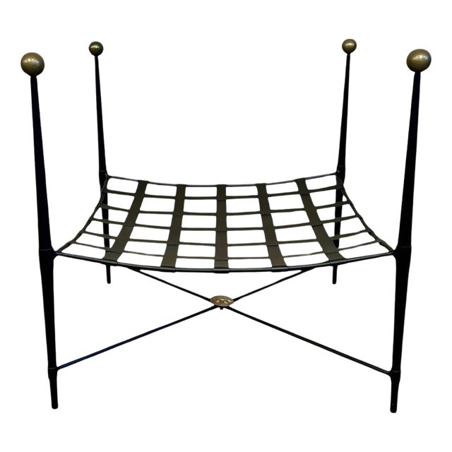 New Black Wrought Iron Curule Bench with Gold Details For Sale
