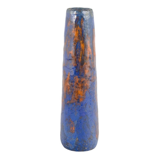 Tall European Blue and Orange Studio Ceramicist Vase, 1979 For Sale