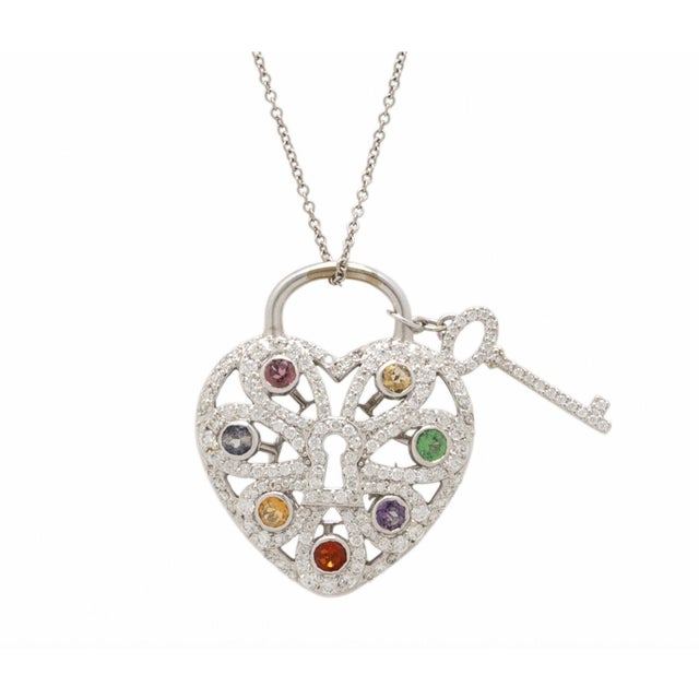 Metal Tiffany & Co., Diamond and Multigem Heart Key Locket Pendant/Necklace For Sale - Image 7 of 8