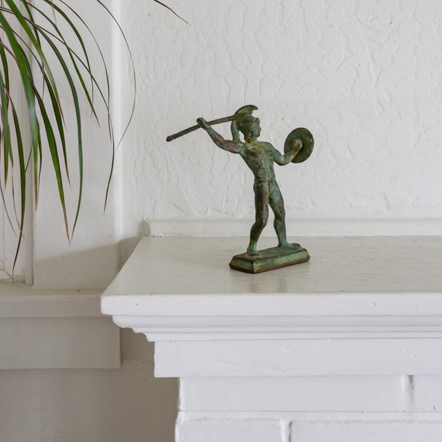 Iron and Verdigris Greek Warrior Figurine With Attic Helmet Spear and Shield For Sale - Image 11 of 14