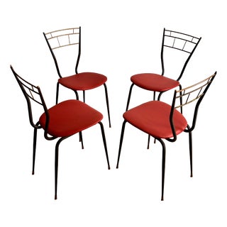 Vintage Metal and Brass Chairs with Red Skai Seat, 1960s, Set of 4 For Sale