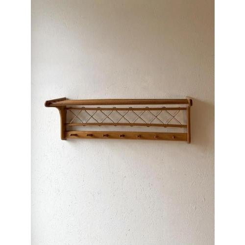 Brown Vintage Oak Wall Coat Rack with Braided Cord, 1960s For Sale - Image 8 of 9