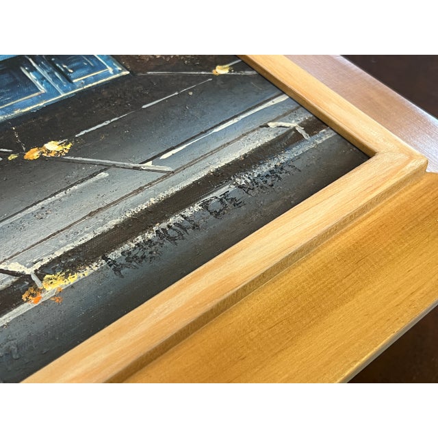 Blue Paris Storefronts Original Oil Painting, Vintage Wood Frame For Sale - Image 8 of 16