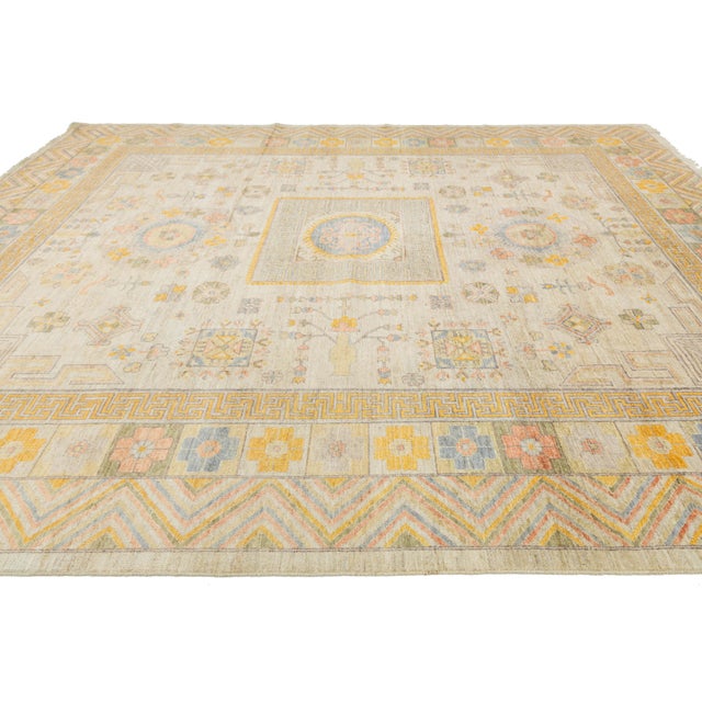 Modern Khotan Style Hand-Knotted Wool Rug - Pastel Geometric Medallion Design For Sale In New York - Image 6 of 11