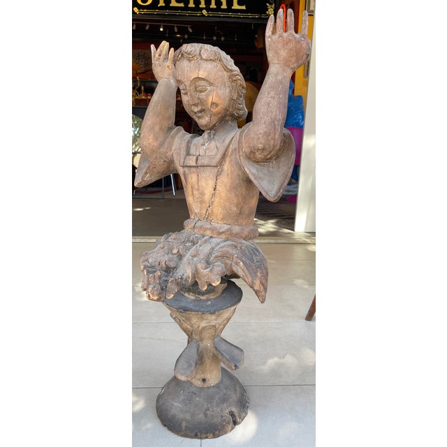 antique hand-carved wooden religious sculpture fragment, likely a European or Spanish Colonial santo or bulto figure,...