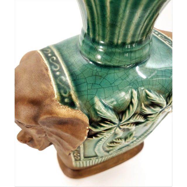 Large Vintage Ceramic Elephant Vase With Brown Matte Glaze and High Gloss Teal Glaze in Center