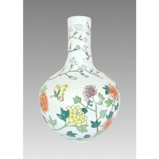 Large Chinese White Porcelain Flower Vase With Foliage & Butterflies, Tianqiuping, Signed H22" For Sale - Image 4 of 10