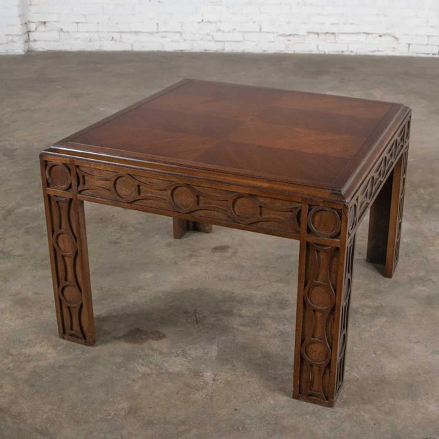 Vintage Modern Square Lane End or Side Table With Carved Leg Design & Chevron Veneer Top For Sale - Image 13 of 13