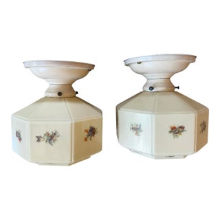 1910s Custard Geometric Glass Ceiling Flushmounts With Flower Motifs - a Pair For Sale
