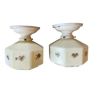 1910s Custard Geometric Glass Ceiling Flushmounts With Flower Motifs - a Pair
