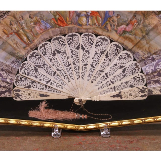 19th Century French Hand-Painted Fan With Pierced Bone Sticks in Gilt Frame For Sale - Image 4 of 7