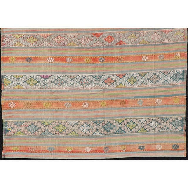 Colorful Vintage Turkish Embroidered Kilim With Stripe's and Geometric Motifs For Sale In Atlanta - Image 6 of 10